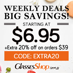 Weekly Deals starting at $6.95!  PLUS, save an Extra 20% off orders over $39!  Use Code EXTRA20 At GlassesShop.com 